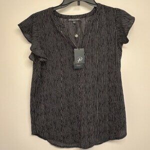 Adrianna Papell Flutter Sleeve Blouse Black with White Stripe Small